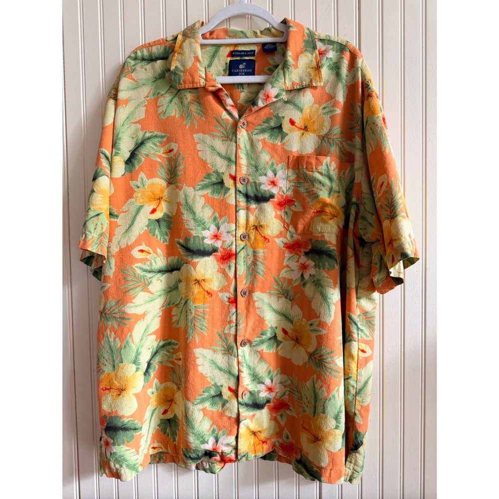 Caribbean Joe Mens XXL Orange Floral Silk Tropical Hawaiian Shirt